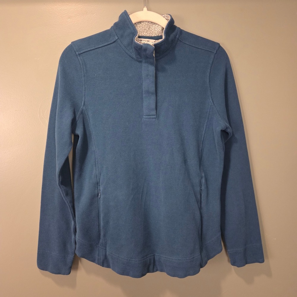Orvis Women's Signature Print Trim Sweatshirt‎ Organic Cotton Size S Teal Floral